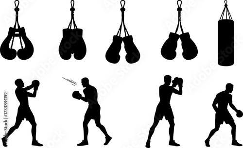 Boxing Equipment and Fighter Silhouettes Set