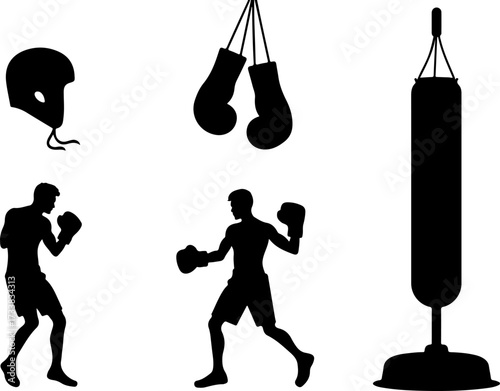 Boxing Equipment and Fighter Silhouettes Set
