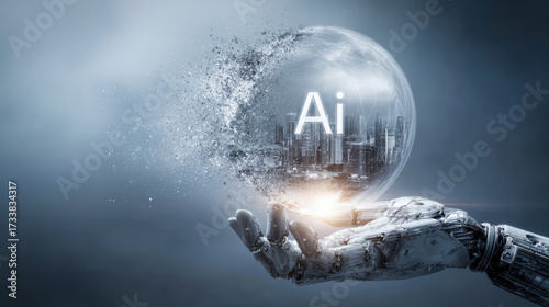 An AI robot hand holding a transparent sphere with the word AI in it. Concept of Artificial Intelligence technology.