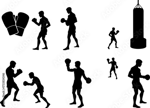 Boxing Equipment and Fighter Silhouettes Set