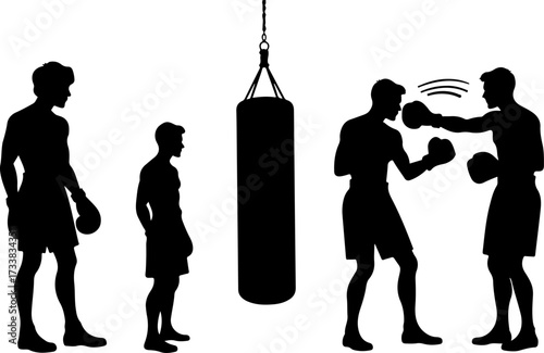 Boxing Equipment and Fighter Silhouettes Set