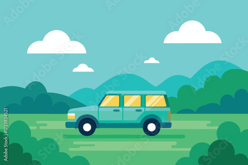 Teal SUV on a Green Landscape with Mountains and Clouds Illustration Style