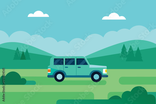 Teal SUV on a Green Field with Blue Sky, Hills and White Clouds