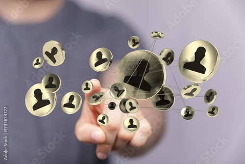 Foto Conceptual depiction of a digital network connecting people, representing communication and modern technology in a visually compelling way