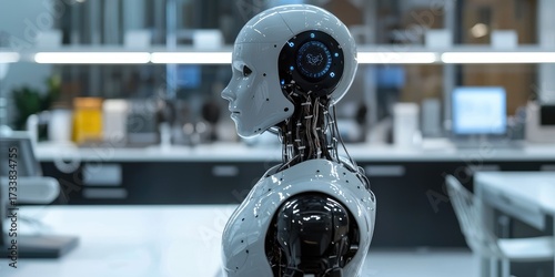 A humanoid robot with a sleek, metallic body and a head with a circular, circular eye, standing in a modern, industrial-looking laboratory with a white table and a computer monitor in the background.