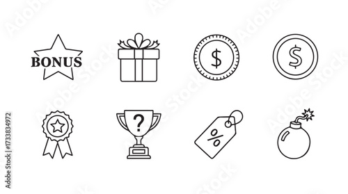 Collection of simple hand-drawn icons celebrating wins rewards prizes and discounts for games vector