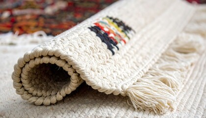 Rolled cream rug with colorful border