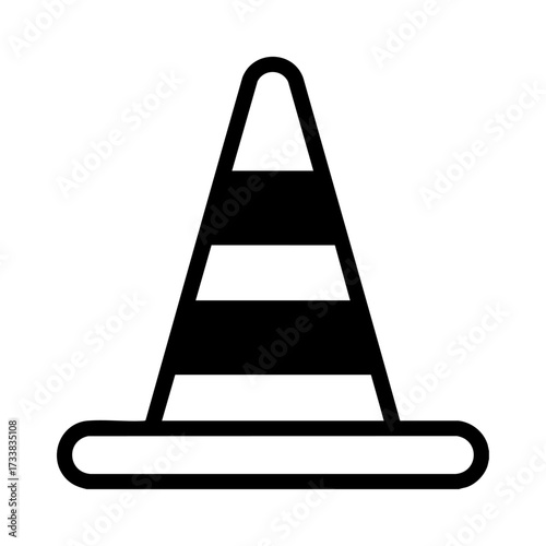 Traffic cone black white icon, minimal vector style, simple design for safety, signage, and caution zone applications.