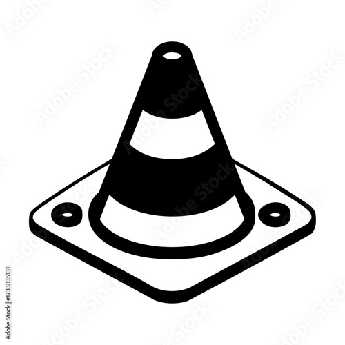 Traffic cone icon vector illustration, isolated black and white safety symbol for construction, roadwork, caution or warning signage on transparent backgrounds.