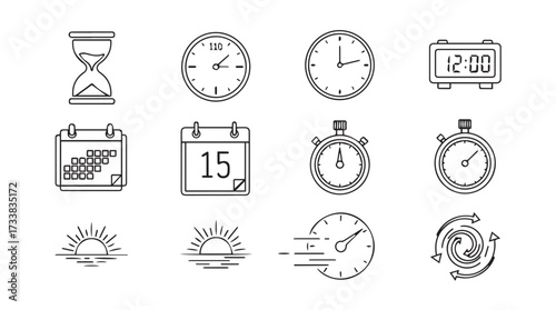 Collection of hand-drawn time measurement icons including clocks calendars stopwatches and hourglass vector