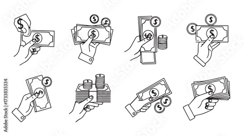 Hand holding cash and coins various gestures illustrating financial transactions and wealth management vector