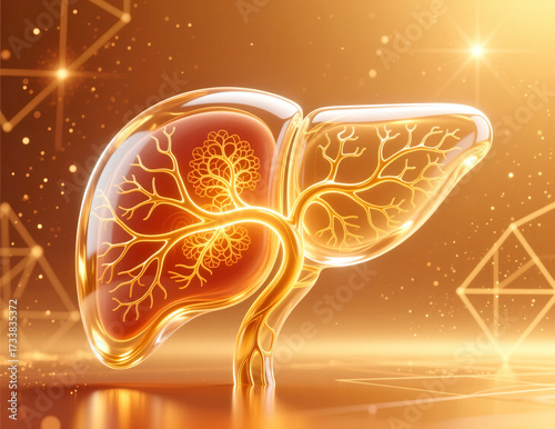 Abstract 3d illustration of golden shining human liver