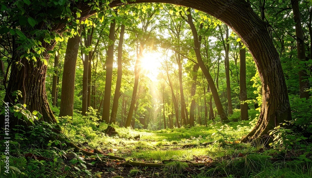 Naklejka premium Sunlight streams through a lush forest canopy, highlighting the vibrant greenery and creating a tranquil atmosphere.