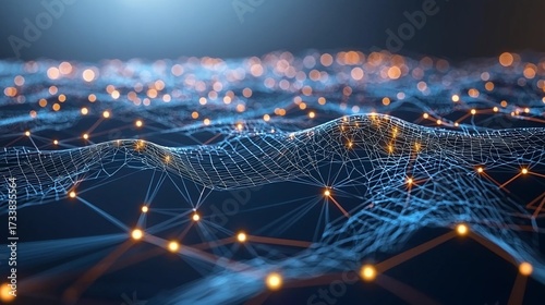 Abstract network of light connecting glowing nodes. Modern tech design