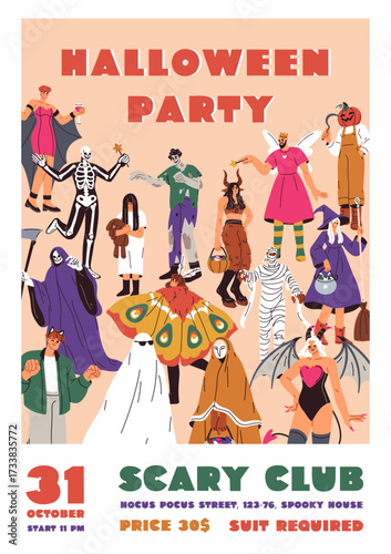 Halloween party poster, card design. Spooky night club masquerade, flyer template with scary creepy characters in costumes. October 31 event promotion placard, banner. Flat vector illustration.