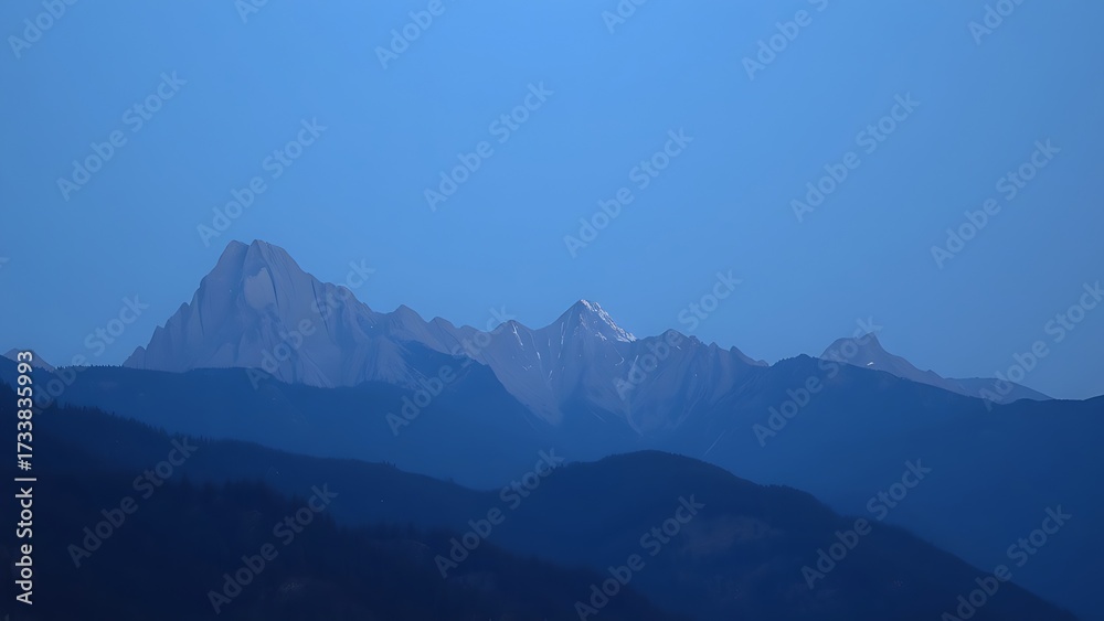 Obraz premium A mountain landscape during blue hour, with a soft twilight glow enhancing the natural scenery.