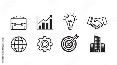Set of business icons featuring briefcase chart lightbulb handshake globe gear target and building vector