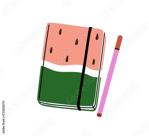Notebook, diary with pen. Notepad, sketchbook with cute cover design. Note book and pencil. Modern style stationery, organizer, personal planner. Flat vector illustration isolated on white background.