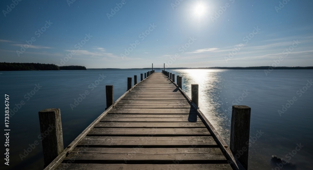 Fototapeta premium Wooden pier extends into serene lake at night. Full moon