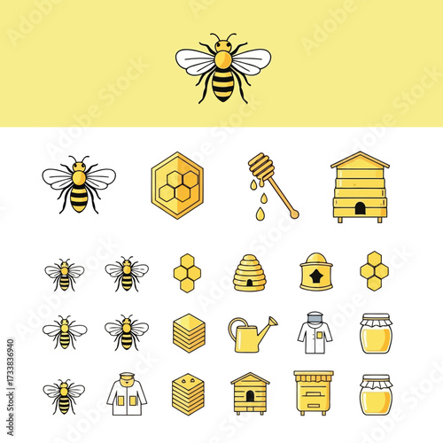 Vector illustration of set of bee and beekeeping related icons and illustrations, including bees, honeycomb, beehive, and honey jar, isolated on a yellow background