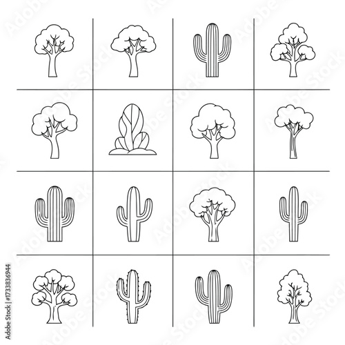 Vector illustration of grid of various trees and cacti icons