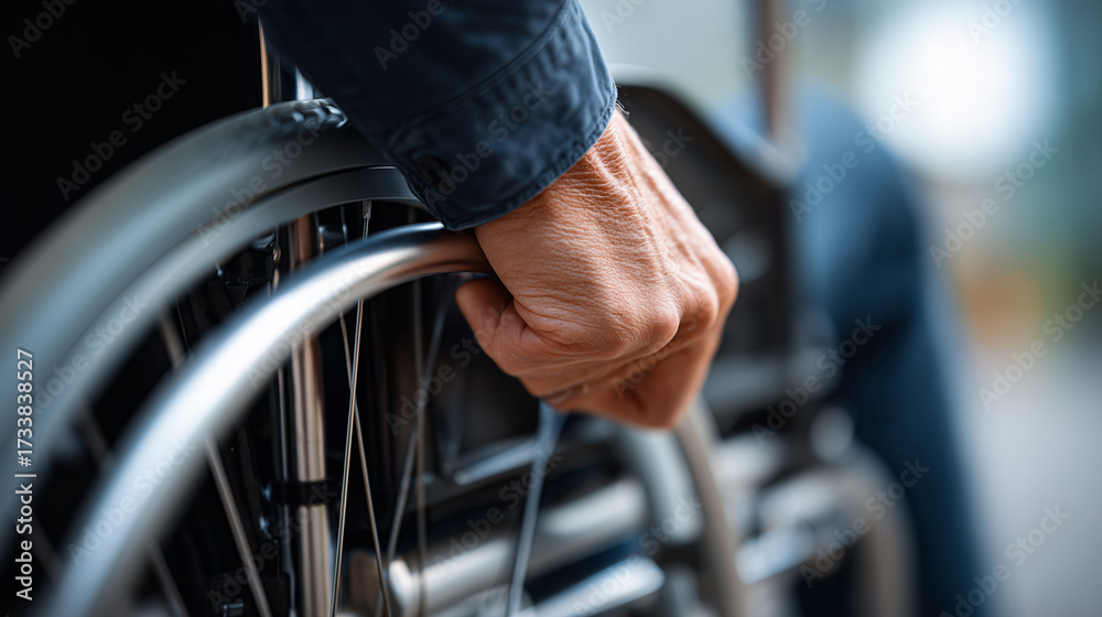 Obraz premium Close up on hand gripping the wheel of a wheelchair - symbol of strength and mobility.