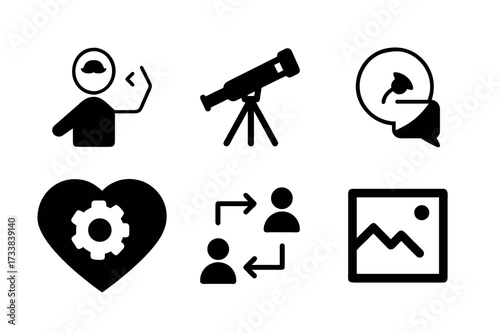 silhouette icons of man with telescope microphone and camera vector set