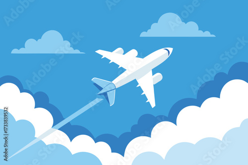 White Airplane Ascending Through Blue Skies With Fluffy White Clouds Cartoon Illustration