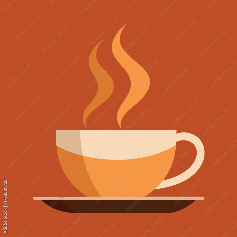 Obraz premium Steaming cup of coffee on a saucer with orange background