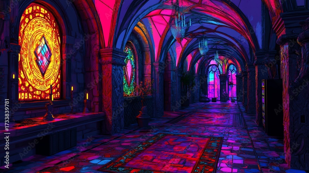 Obraz premium Neon Gothic Hallway, fantasy interior, vibrant colors, game asset