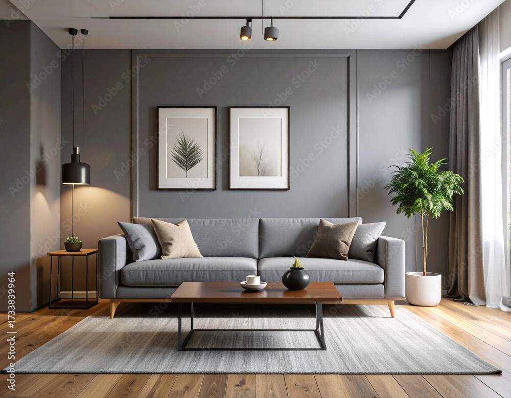 Fototapeta premium Modern living room design cozy apartment interior decoration contemporary style minimalist view comfort and aesthetics