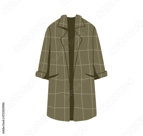 Autumn coat with thin checkered grid pattern. Fall outerwear. Casual clothing, apparel, garment. Warm wearing for modern seasonal outfit. Flat vector illustration isolated on white background.