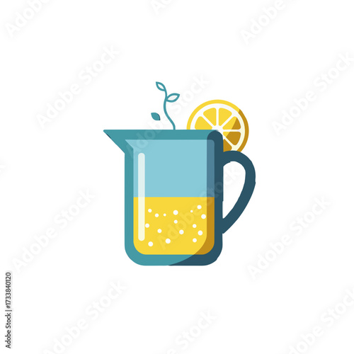 Colorful pitcher filled with lemonade and lemon slice on top  