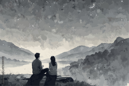Couple sitting on rock by river under starry night sky  