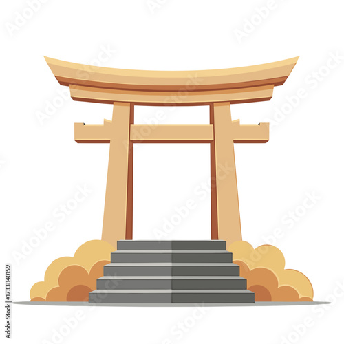Traditional Japanese torii gate with steps and clouds in vector style  