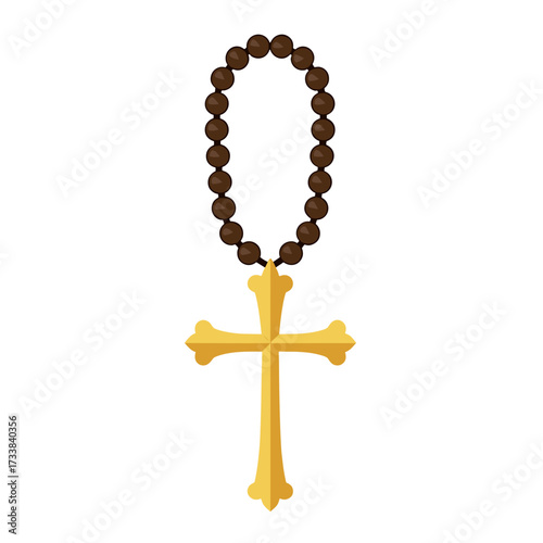 Isolated Christian cross with brown beads, a religious symbol, displayed over a plain white background. Isolated Christian cross is a spiritual representation with bead necklace.