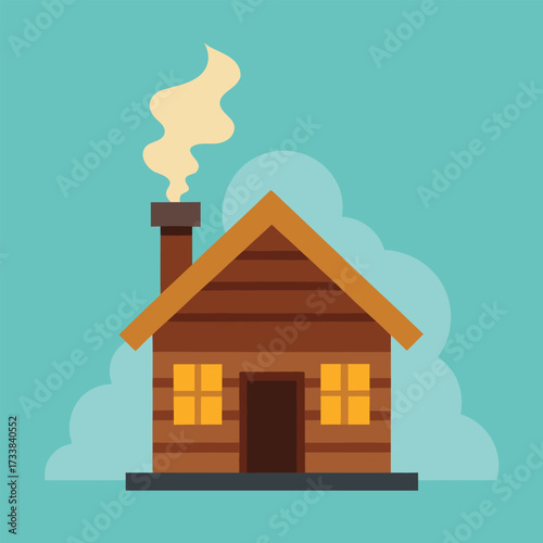 Cozy wooden cabin with smoke coming from the chimney on a teal background