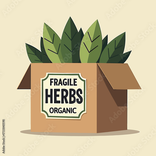 Organic herbs in a cardboard box labeled as fragile and ready for shipment  