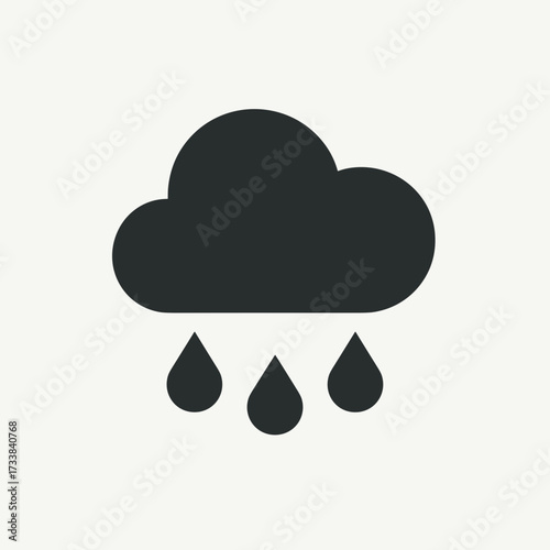 Isolated raining cloud with simple shapes depicting raindrops falling from above. Raining cloud in grayscale is easily recognizable symbol, simplified for universal use in weather forecasts.