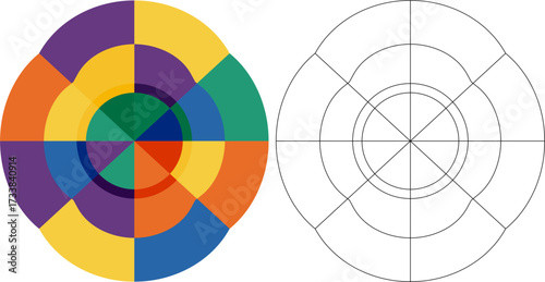 Colorful abstract geometric design and blueprint comparison