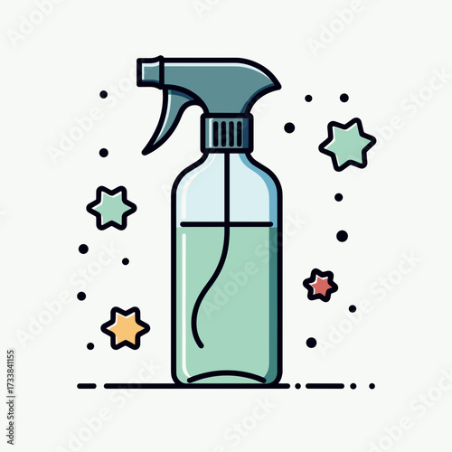 Cleaning spray bottle with colorful stars in minimalist style  