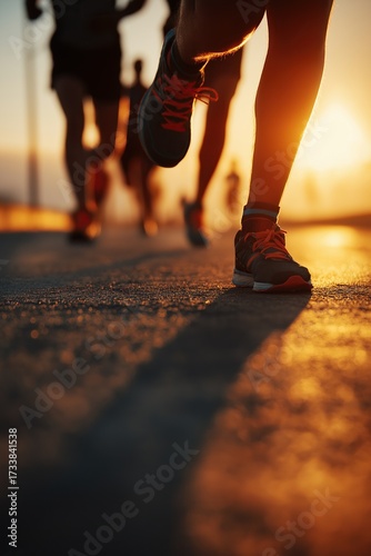 Close up of feet running on the street during a marathon race with blurred background of other runners and sunset light