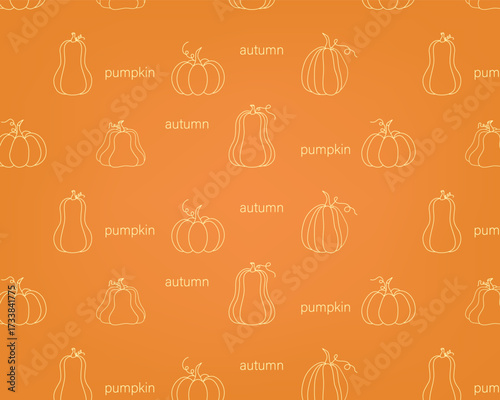 Seamless pattern with autumn pumpkins. Falling leaves. Autumn botanical background.Autumn harvest. For design of banners, fabrics, textiles, wallpaper. Vector illustration
