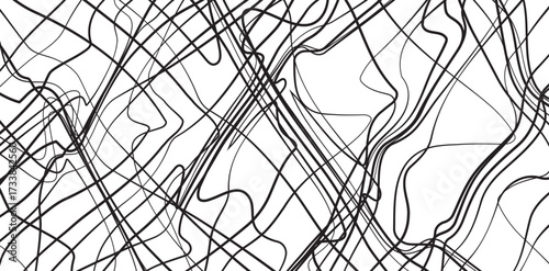 Abstract black and white background featuring a chaotic arrangement of intersecting and overlapping curved lines.