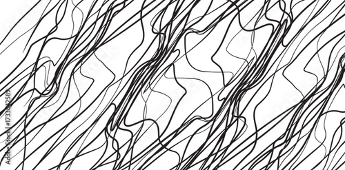 An abstract background of black, chaotic, and overlapping lines on a white surface.