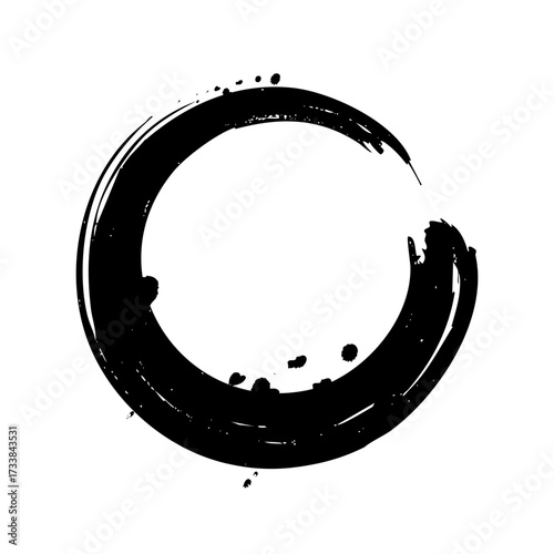 A black circle formed by a thick brushstroke, featuring uneven texture for dynamic visual appeal