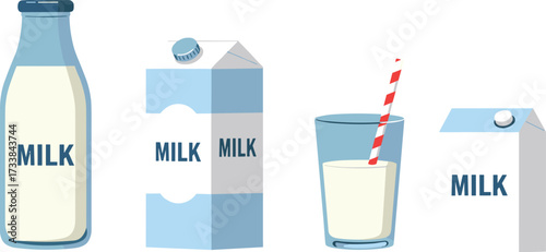 Set of Milk Packaging Icons Including Glass Bottle, Carton, Straw Glass, and Cap Container for Dairy Product Design and Marketing