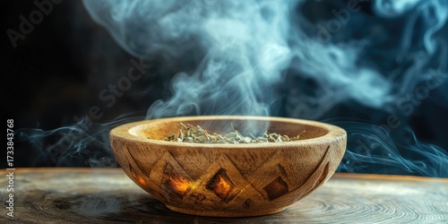A wooden bowl with incense burning inside, emitting a blue smoke against a dark background.