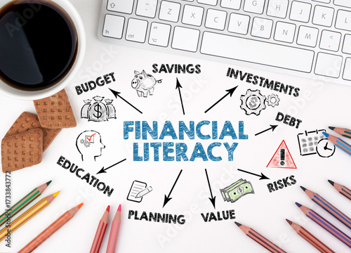 Financial Literacy Concept. Chart with keywords and icons. White office desk