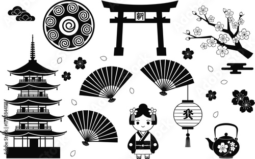 Traditional Japanese culture icons, pagoda, torii gate, cherry blossom, lantern, folding fan, tea set, doll, sakura petals, black and white vector illustration
